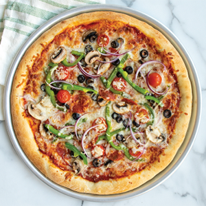 eggie pizza topped with bell peppers, onions, mushrooms, and olives